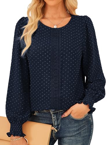 GRACE KARIN Damen Festliche Spitze Bluse Leichte Weiche Herbst Tops Retro Einfarbige Party Bluse Marineblau S von GRACE KARIN