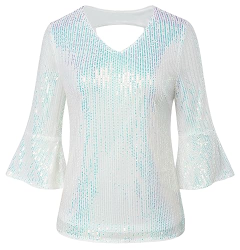 GRACE KARIN Damen Festliche blusen Pailletten top sexy top Pailletten Oberteil Buntes Weiß L von GRACE KARIN