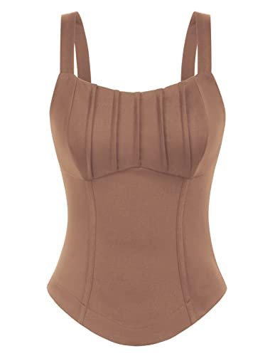 GRACE KARIN Damen Fischgräte Tank Top Sommer Basic Cami Party Ärmellos Oberteil, Farbe: Braun, Größe: M von GRACE KARIN