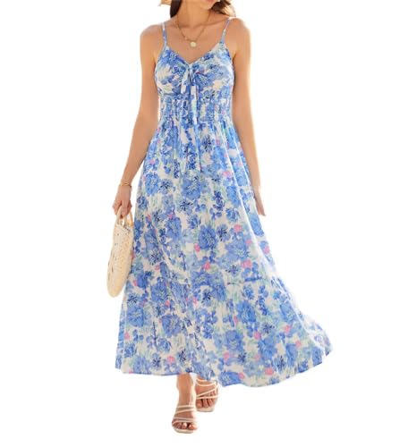 GRACE KARIN Damen Fließendes Maxi Blumenkleid Elegant Böhmisch Cami-Kleid Lässig Spaghetti Trägerkleid Strand Urlaub Kleid XXL Blaue Blume von GRACE KARIN