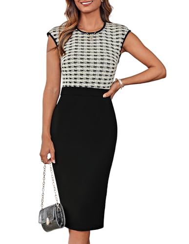 GRACE KARIN Damen Flügelärmel Rundhals Bodycon Bleistiftkleid Elegante Businesskleider Cocktailkleid Schwarz-weiß kariert XL von GRACE KARIN