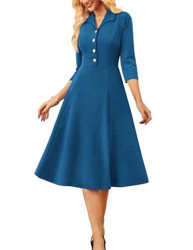 GRACE KARIN Damen Formelle Kleid 3/4 Ärmel Cocktail Retro Knopfleiste A-Linie Kleid Marine Blau S von GRACE KARIN