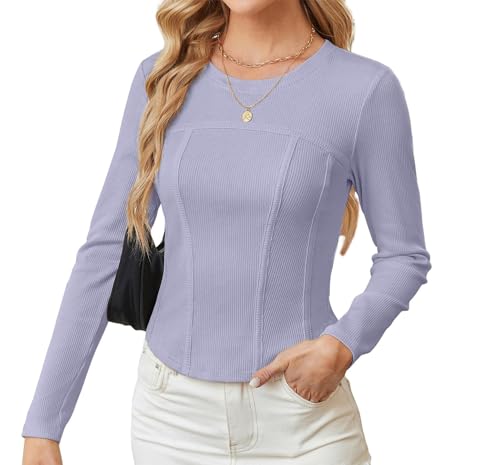 Damen Freizeit Langarm Top Elastisch Slim Fit Tops Rundhals Oberteile Grau Lila 2XL von GRACE KARIN