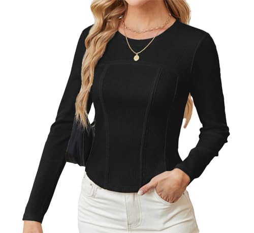 GRACE KARIN Damen Freizeit Langarm Top Elastisch Slim Fit Tops Rundhals Oberteile Schwarz 2XL von GRACE KARIN