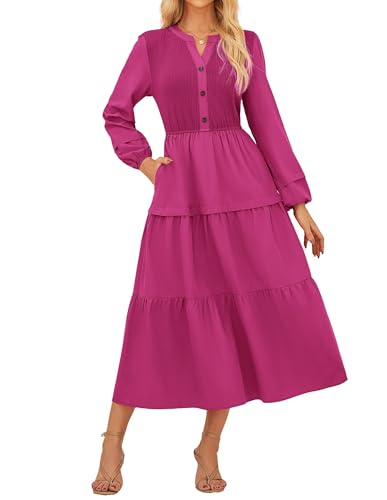 GRACE KARIN Damen Freizeit Midikleid V-Ausschnitt A-Linien Kleid mit Elastischer Taille und Taschen Rosa Rot XL von GRACE KARIN