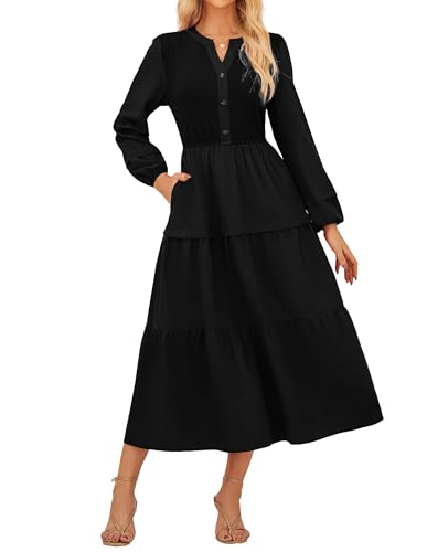 GRACE KARIN Damen Freizeit Midikleid V-Ausschnitt A-Linien Kleid mit Elastischer Taille und Taschen Schwarz XL von GRACE KARIN