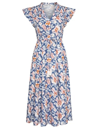 GRACE KARIN Damen Freizeit Sommer Midi Kleid mit flatternden Ärmeln fließend V-Ausschnitt Maxi Sonnenkleid mit Taschen hohe Taille fließendes Kleid Blau Weiß XL von GRACE KARIN