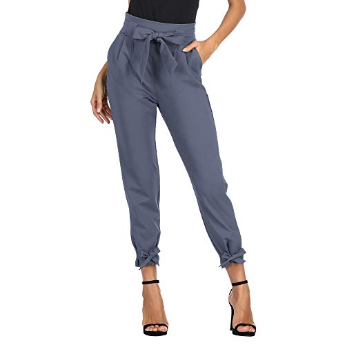 GRACE KARIN Damen Freizeithose Solide Hohe Taille Selbstbinden Gürtel Bleistift Hose, Blau-Grau, X-Groß von GRACE KARIN