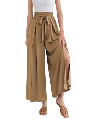 GRACE KARIN Damen Sommer Hohe Taille Weites Bein Hosen mit Taschen Leicht Palazzo Hose Khaki XXL von GRACE KARIN