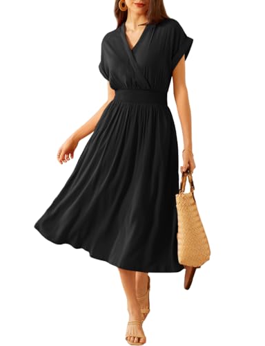 GRACE KARIN Damen Freizeitkleid Leinen Hohe Taille Vintage V Ausschnitt Plissiert Flowy Urlaub Maxi Kleid Schwarz XL von GRACE KARIN