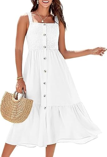 GRACE KARIN Damen Freizeitkleid Spaghetti Strap Ruffle Knopfleiste Lässig Smocked Holiday A Line Midi Cami Boho Kleider mit Taschen Weiß M von GRACE KARIN