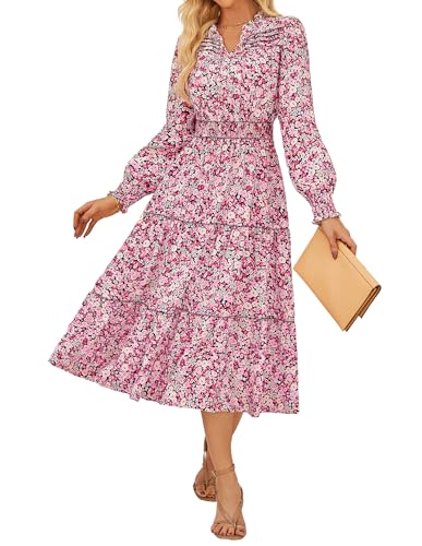 GRACE KARIN Damen Freizeitkleider Frühling Hohe Taille LaternenäRmel Blumenkleid XL Schwarz und Pink von GRACE KARIN