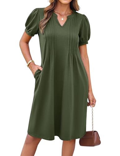 GRACE KARIN Damen Freizeitkleider Kuzarm Einfarbige V-Ausschnitt Midikleider Damen Sommer mit Taschen Business Outfit Armeegrün M von GRACE KARIN