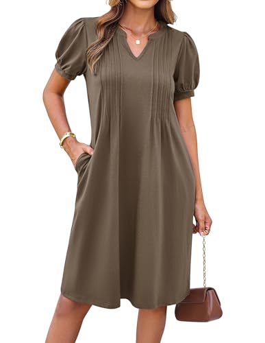 GRACE KARIN Damen Freizeitkleider Kuzarm Einfarbige V-Ausschnitt Midikleider Damen Sommer mit Taschen Business Outfit Braun M von GRACE KARIN