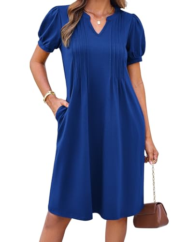 GRACE KARIN Damen Freizeitkleider Kuzarm Einfarbige V-Ausschnitt Midikleider Damen Sommer mit Taschen Business Outfit Saphir M von GRACE KARIN