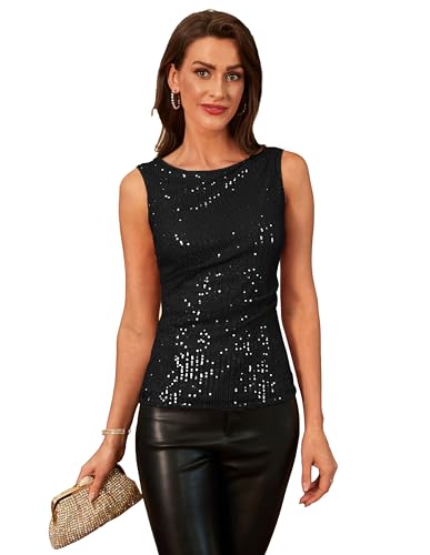 GRACE KARIN Damen Funkelnde Pailletten Westenoberteil Ärmellos Party Rundhalsausschnitt Ausgeh-Tops Abend Schwarz M von GRACE KARIN