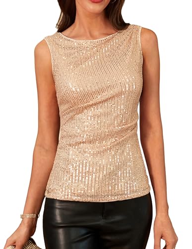 GRACE KARIN Damen Funkelndes Pailletten Westenoberteile Rundhals Ärmellos Cocktail Abendoberteile Champagnergold 2XL von GRACE KARIN