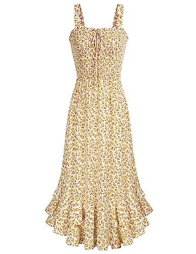 GRACE KARIN Damen Blumenkleid Casual Freizeitkleid Böhmisch Maxikleid Strandkleider Ärmellos Cocktailkleid 2XL Weiß-Gelb Blume von GRACE KARIN