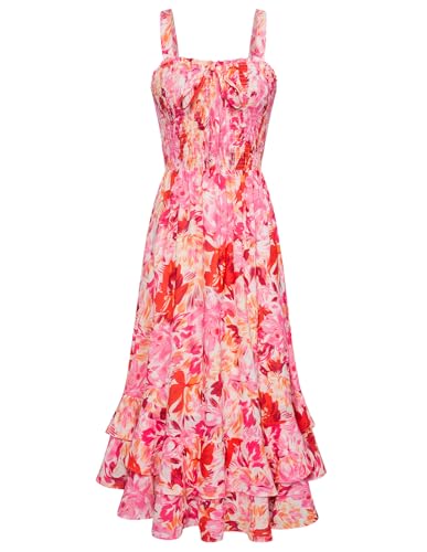 GRACE KARIN Damen Geblümt Kleid Casual Freizeitkleid Böhmisch Maxikleid Strandkleider Ärmellos Cocktailkleid 2XL Weiß-Rosa Gelbe Blume Blume CL1947S23-15 von GRACE KARIN