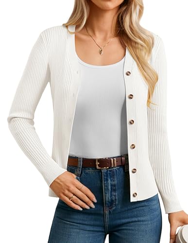 GRACE KARIN Langarm Strickjacke Damen Gerippt V-Ausschnitt Knopfleiste Elegant Warm für Herbst Winter und Freizeit von GRACE KARIN