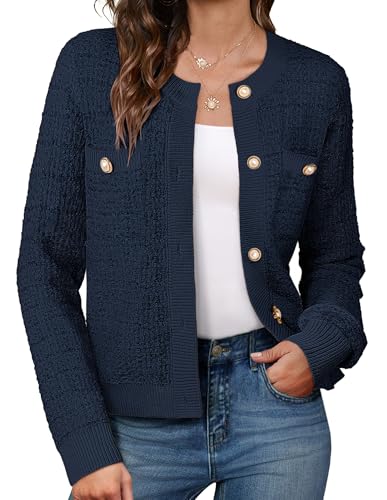 GRACE KARIN Damen Gestrickte Jacke Knöpfe Langarm Strickjacken für Herbst Winter Elegant Warm Strickpullover Büro Outerwear Dunkelblau XXL von GRACE KARIN