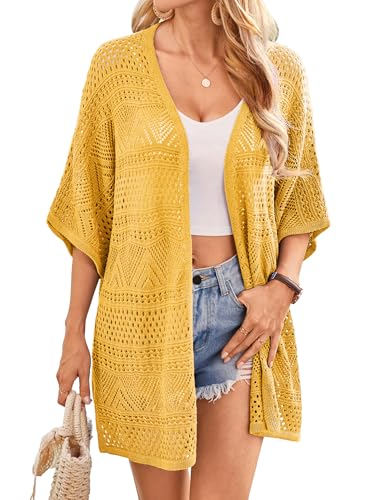 GRACE KARIN Damen Gestrickte Strand Jacke Kurzarm Casual Strickjacke Elegant Sommer Cardigan Pareos für Strandkleider Urlaub Gelb S von GRACE KARIN