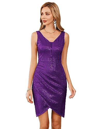 GRACE KARIN Damen Glänzend Partykleid Pleated Bleistiftkleid V-Ausschnitt Vintage Kleid Cocktail Midi Kleid M Violett CL0763A21-10 von GRACE KARIN