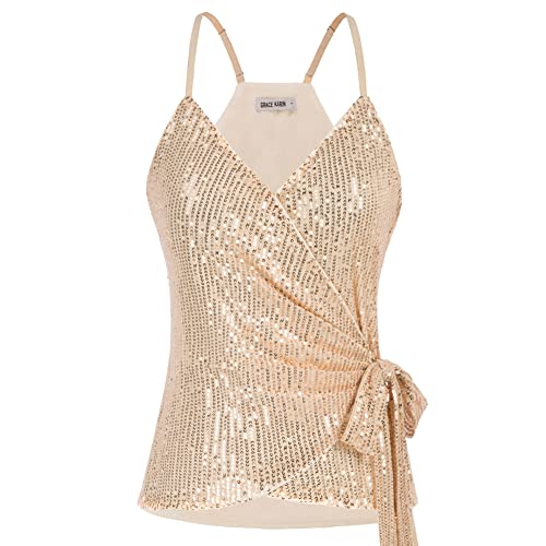 GRACE KARIN Damen Glänzend Spaghettitops Pailletten Glitzernd V-Ausschnitt Spaghetti Tank Top Jazz Tanzkleidug, Farbe: Champagne auf Pailletten, Size XL von GRACE KARIN