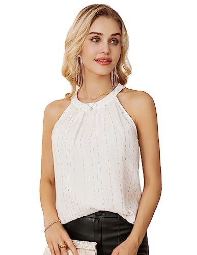 Damen Glänzende Pailletten Seidefaden Bluse Loose Fit Casual Tops Elegant Ärmellose Neckholder Oberteile Weiß S CL2110S23-02 von GRACE KARIN