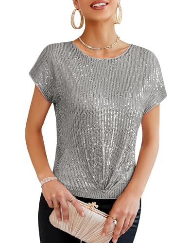 GRACE KARIN Damen Glitter Party Oberteil Elegant Rundhals Pailletten Shirt Cocktail Bluse Sommer Kurzarm Top Silbergrau L von GRACE KARIN
