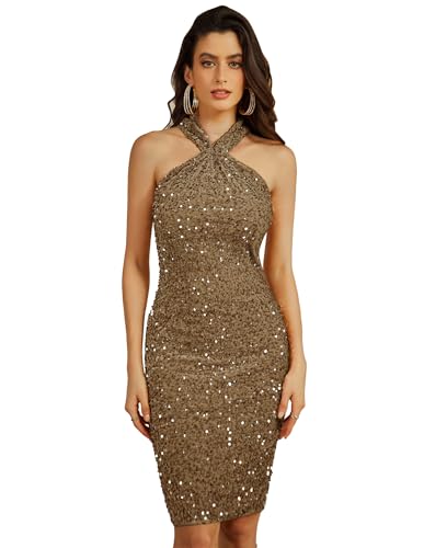 Damen Glitzer Kleid Knielang Ärmellos Bodycon Cocktailkleid Pailletten Kleid Festlich Partykleid Schwarzes Braun XL von GRACE KARIN