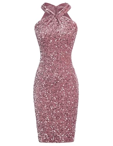 Damen Glitzer Kleid Knielang Ärmellos Bodycon Cocktailkleid Pailletten Kleid Festlich Partykleid Schwarzes Grau rosa XL von GRACE KARIN