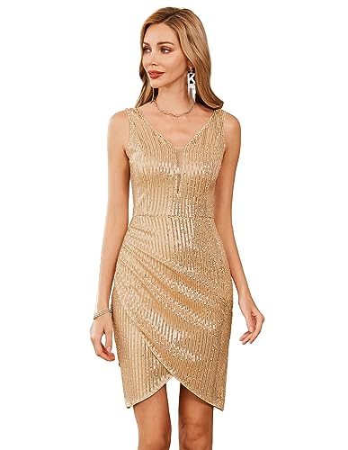 GRACE KARIN Damen Glitzer Kleider Vintage Kleid Pleated Bleistiftkleid Ärmellos V-Ausschnitt Cocktail Party Kleid L Rose Gold CL0763A21-02 von GRACE KARIN