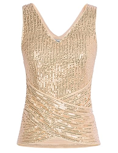 GRACE KARIN Damen Glitzer Oberteil Tops V-RÜcken Tank Top Ärmellos V-Ausschnitt Weste Überkreuzte Taille Bluse Oberteile XL Golden CL2346A23-03 von GRACE KARIN