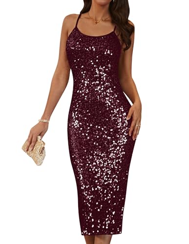 GRACE KARIN Damen Glitzer Pailletten Cocktailkleid Elegant Ärmellos Spaghetti Abendkleid für Hochzeit Weinrot 46 von GRACE KARIN