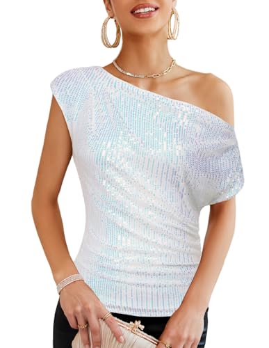 GRACE KARIN Damen Glitzer Pailletten Kurzarm Oberteil Festliche Party Glitter Tops Buntes Weiß M von GRACE KARIN