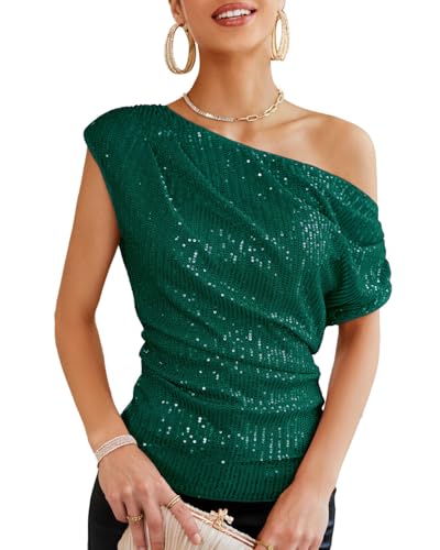 GRACE KARIN Damen Glitzer Pailletten Oberteil Festliche Schrägkragen Tops Party Shirt, Farbe: Dunkelgrün, Größe: S von GRACE KARIN