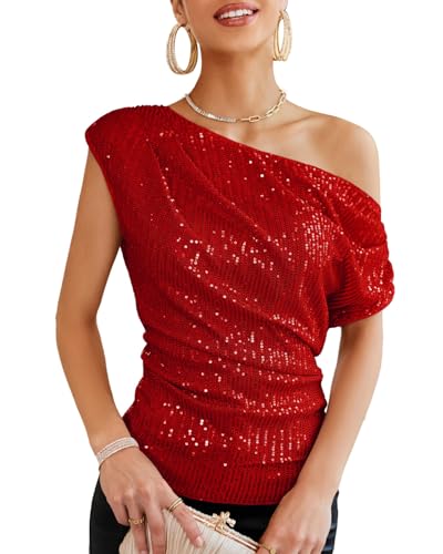GRACE KARIN Damen Glitzer Pailletten Oberteil Festliche Schrägkragen Tops Party Shirt, Farbe: Rot, Größe: S von GRACE KARIN