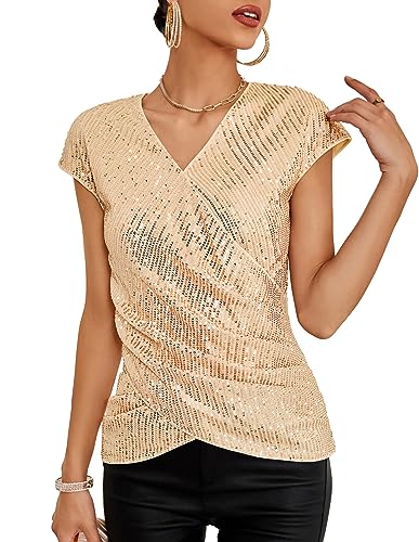 GRACE KARIN Damen Glitzer Top Elegant Kurzarm Solid Tops Pailletten Festliche Blusen, Farbe: Champagner Gold, Größe: S von GRACE KARIN