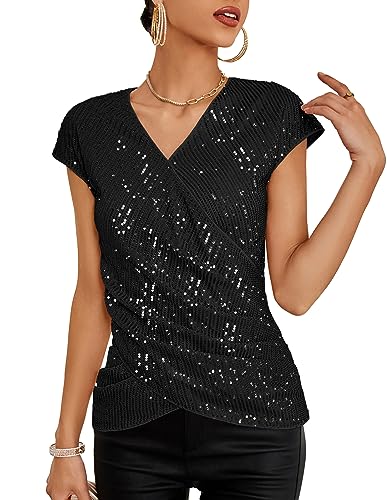 GRACE KARIN Damen Glitzer Top Elegant Kurzarm Solid Tops Pailletten Festliche Blusen, Farbe: Schwarz, Größe: S von GRACE KARIN