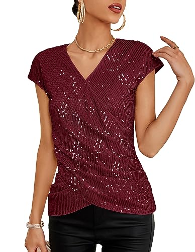 GRACE KARIN Damen Glitzer Top Elegant Kurzarm Solid Tops Pailletten Festliche Blusen, Farbe: Weinrot, Größe: S von GRACE KARIN