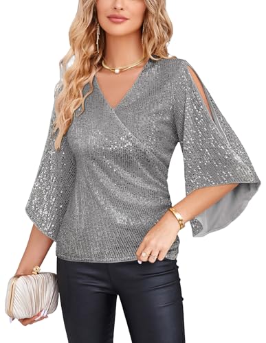 Damen Glitzer Top Lange Poncho-Ärmel Bluse Slim Fit V-Ausschnitt Tunika mit Schlitz Stylisch Sommershirt Silber grau XXL von GRACE KARIN