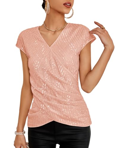 GRACE KARIN Damen Glitzer Tops Elegant Kurzarm Solid Shirt Pailletten Festliche Blusen Roségold S von GRACE KARIN