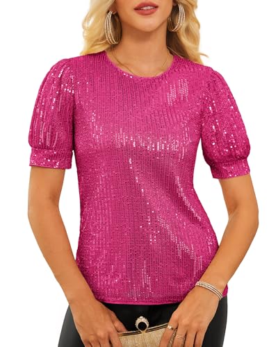 GRACE KARIN Damen Glitzer Tops Kurzarm Rundhals Pailletten Pullover Party Abschlussball Neon Tank Tops Rosenrot XXL von GRACE KARIN
