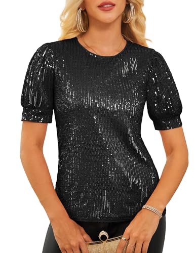 GRACE KARIN Damen Glitzer Tops Kurze Laternenärmel Rundhals Pailletten Pullover Bluse Party Tops Schwarz S von GRACE KARIN