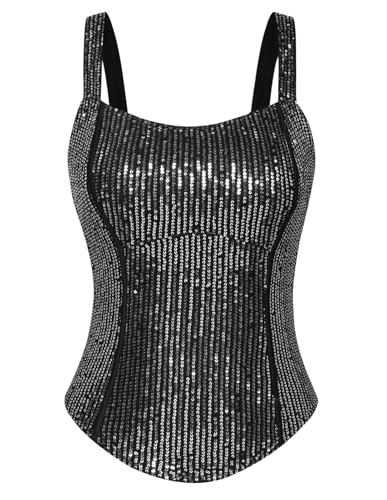 GRACE KARIN Damen Glitzer Träger Tops Pailletten Ärmellos Oberteile Festlich Party Camisole Schwarz-Silber L von GRACE KARIN