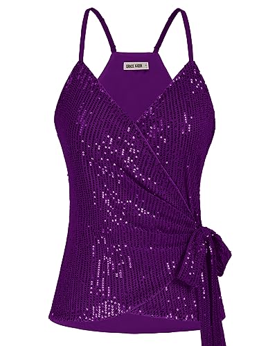 GRACE KARIN Damen Glitzernde Ärmellos Tank Top Pailletten Oberteil mit Spaghettiträger Tanz Party Shirt, Farbe: Silber Violett, Size XL von GRACE KARIN