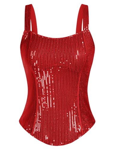 GRACE KARIN Damen Glitzernde Ärmellos Tanktop Pailletten Oberteil mit Spaghettiträger Tanz Party Träger Tops Rot XL von GRACE KARIN