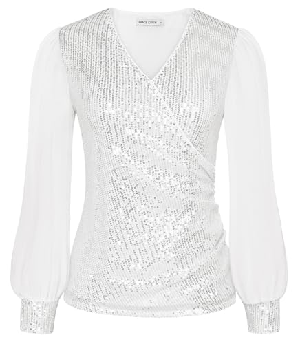 GRACE KARIN Damen Glitzernde Herbst- und Winter Festivaloberteile Pailletten Chiffon Patchwork Partyoberteil Langarm Leicht Bluse Silber XXL von GRACE KARIN