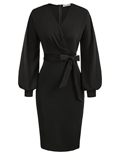 GRACE KARIN Damen HIPS-Wrapped Kleid Arbeit Bodycon Hochzeit Gast Büro Kleider V-Ausschnitt Langarm Bleistiftkleid mit Gürtel M Schwarz CL0761S21-11 von GRACE KARIN